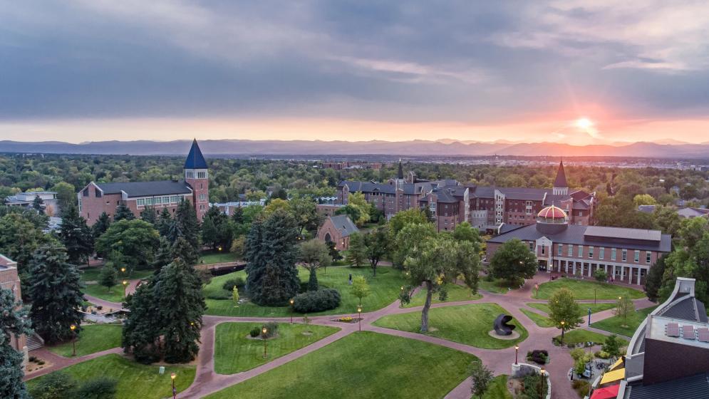 drone DU campus view with sunset